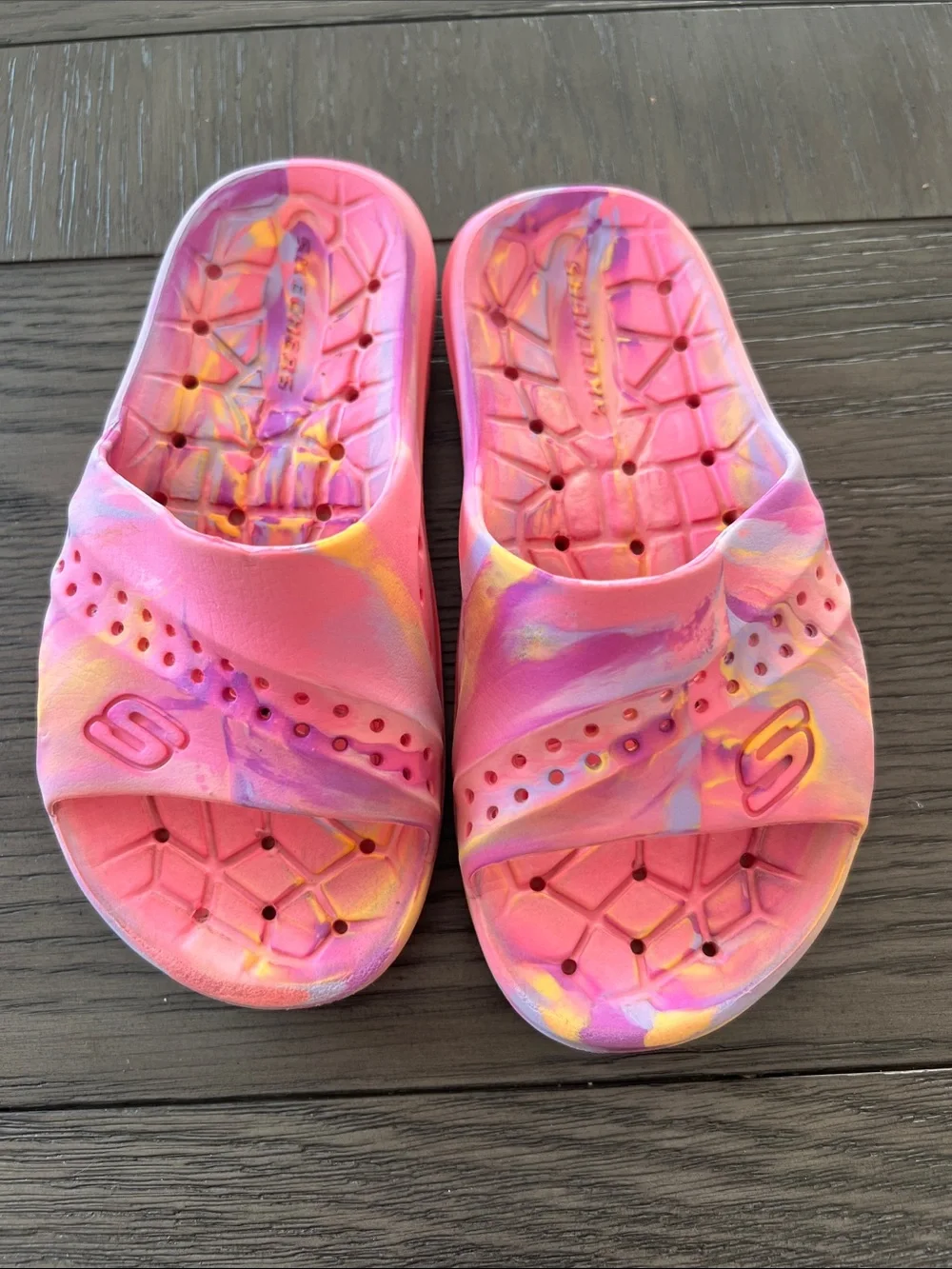 Skechers Kids Pink Tie-Dye Slide Sandals with Yellow & Purple Swirls